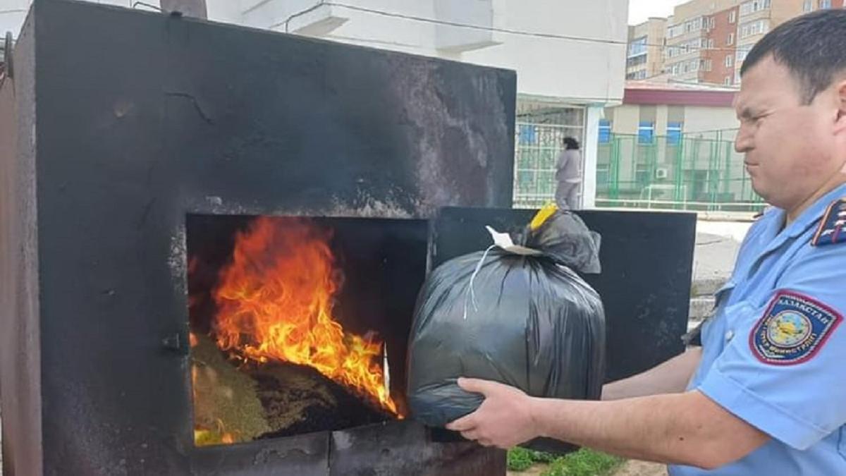 Полицейский сжигает наркотики