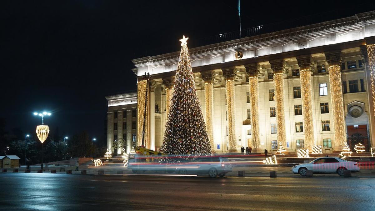 Алматыдағы ҚБТУ ғимаратының алдына қойылған шырша