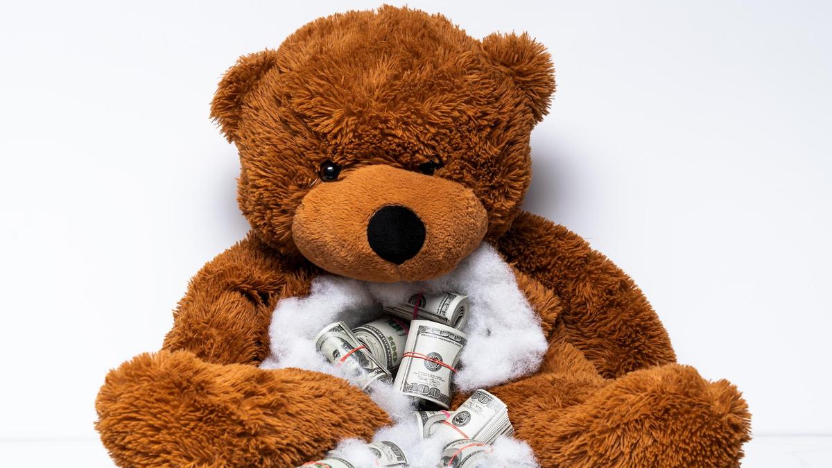 Распоротый мягкий мишка и доллары