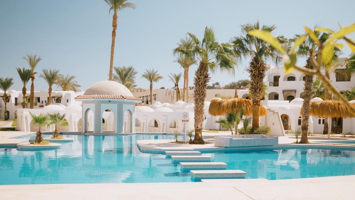 Бассейн рядом с пальмами и белыми зданиями
