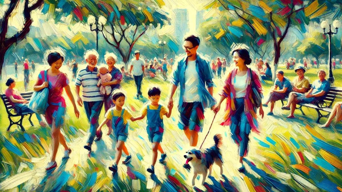 Счастливая семья гуляет по парку