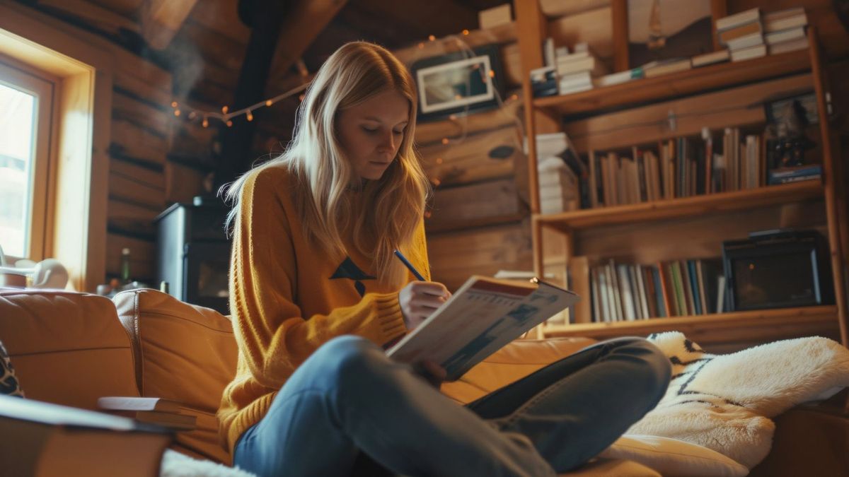 Девушка читает книгу с карандашом в руках