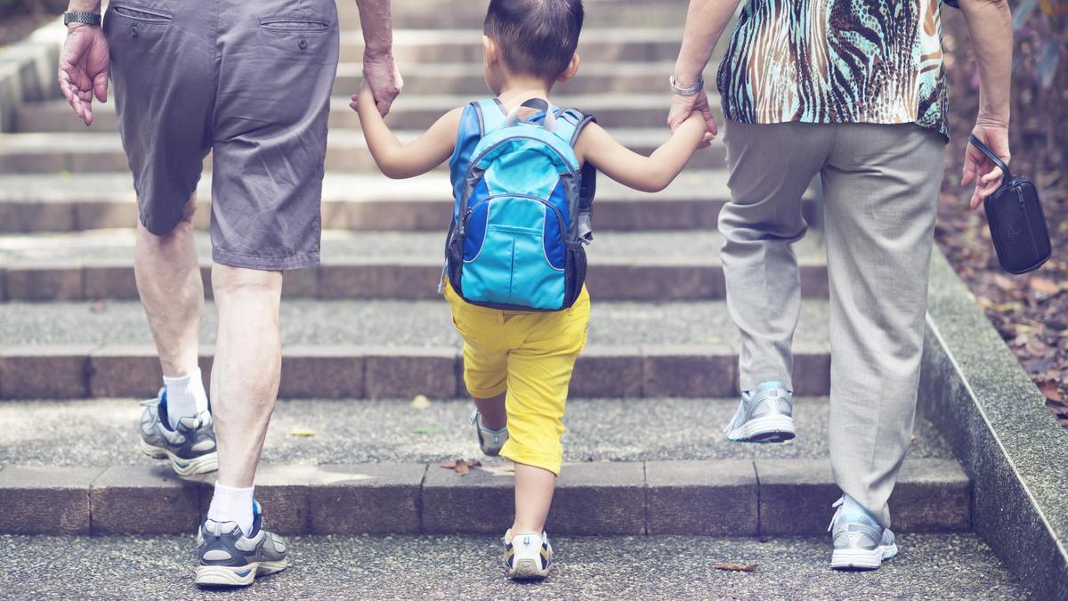 Мальчик идет по лестнице с бабушкой и дедушкой