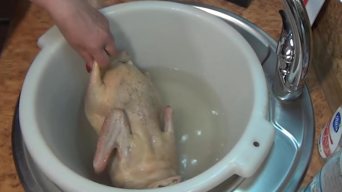 Гуся в тазу обрабатывают кипятком