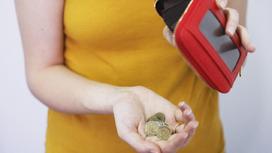 Женщина держит в руках красный кошелек и монеты