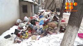 Груда мусора лежит на снегу возле дома