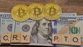 Монеты биткоинов и кубики лежат на долларах