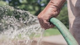 Человек поливает водой из шланга