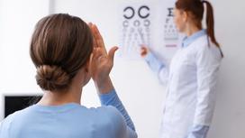 Девушка в кабинете офтальмолога проходит тест на зрение