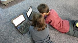 мальчик с девочкой смотрят в экраны ноутбуков