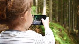 Девочка фотографирует в лесу на смартфон