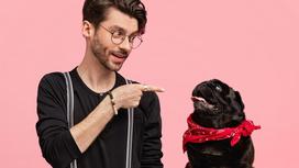 Молодой мужчина с бородой и в очках показывает пальцем на собаку. Собака в красном платке на шее смотрит на парня