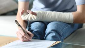 Женщина со сломанной рукой подписывает договор Женщина со сломанной рукой подписывает договор