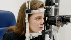 Девушка проверяет зрение на аппарате