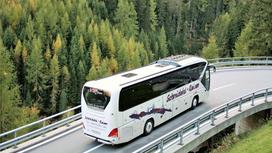 Туристический автобус едет по мосту среди деревьев и холмов