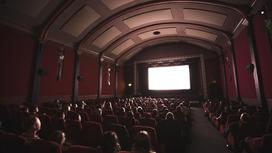 Люди сидят в кинотеатре перед экраном