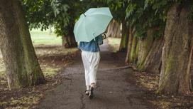 Женщина идет по улице с зонтом