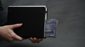 Женщина держит в руках черный блокнот с деньгами