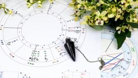 Изображение гороскопа, маятник и цветы