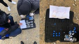 Полицейские осматривают изъятые пакеты с наркотическим веществом