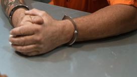 Мужчина в наручниках сидит за столом