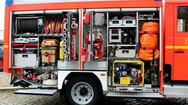 Пожарная машина с экипировкой и принадлежностями внутри