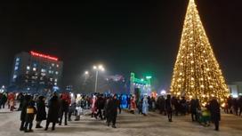 Люди гуляют возле новогодней елки