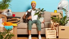 Мужчина с собакой сидит на диване в окружении разных вещей
