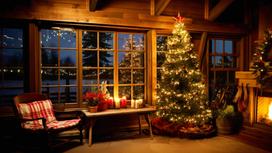 В просторной комнате стоит новогодняя елка. Стол украшен свечами. На камине рождественский венок