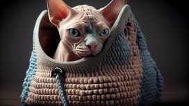 Лысая кошка с большими глазами и торчащими ушами выглядывает из вязаной сумки