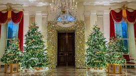 Четыре наряженных елки и гирлянды над дверью в холле
