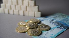 Монеты и банкнота тенге на фоне кубиков сахара