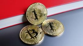 Несколько жетонов биткоина лежат на столе Несколько жетонов биткоина лежат на столе