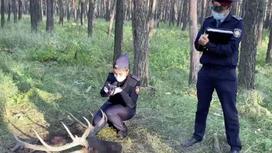 Полицейские у головы марала в лесу