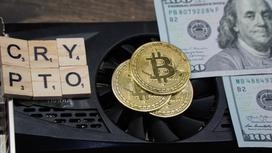 Монеты биткоинов, доллары и кубики лежат на детали от компьютера