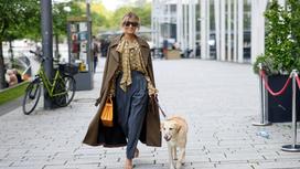 Женщина гуляет по улице с собакой