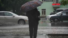 Женщина с зонтом переходит дорогу