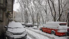 засыпанные снегом машины стоят во дворе дома