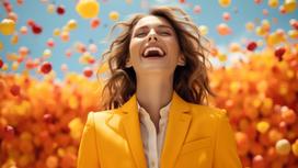 Счастливая женщина на фоне ярких шаров