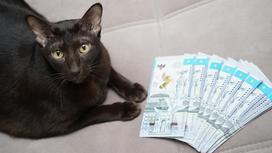 Кошка сидит рядом с деньгами