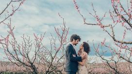 Влюбленная пара на фоне цветущих деревьев