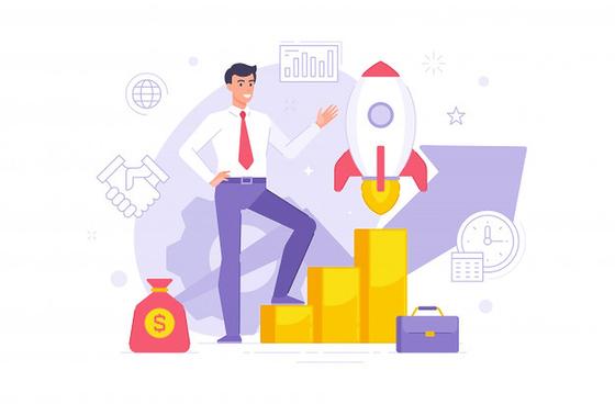 Мужчина, ракета, графики, мешок денег, портфель Мужчина, ракета, графики, мешок денег, портфель