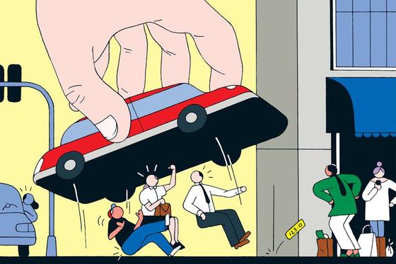 Иллюстрация, на которой нарисованная рука накрывает машиной людей Иллюстрация, на которой нарисованная рука накрывает машиной людей
