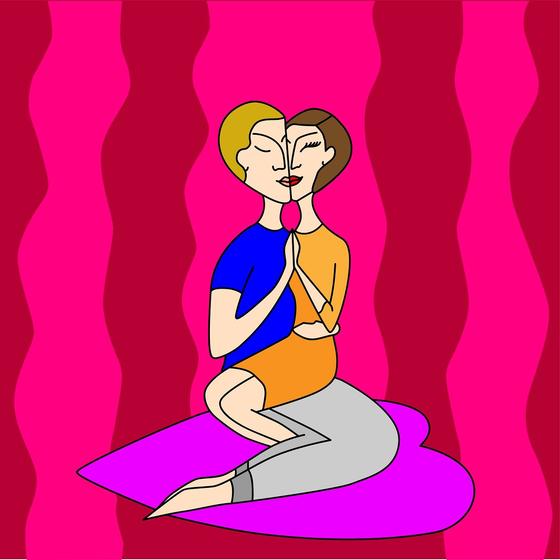 Влюбленные обнимаются, сидя на сердечке. Рисунок Влюбленные обнимаются, сидя на сердечке. Рисунок