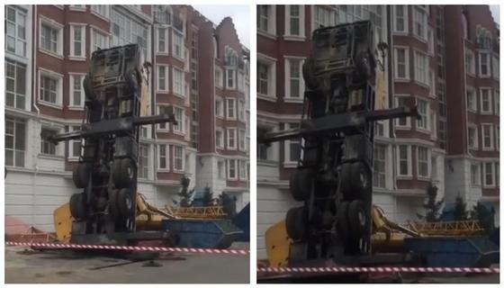 Автокран упал на машину возле "Британского квартала" в Нур-Султане Автокран упал на машину возле "Британского квартала" в Нур-Султане