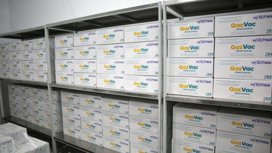 Коробки с вакциной QazVac стоят на полках Коробки с вакциной QazVac стоят на полках