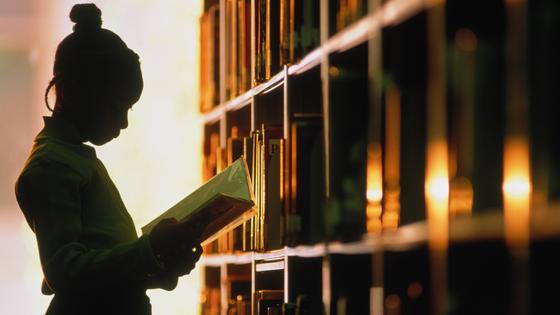 Девочка читает книгу в библиотеке Девочка читает книгу в библиотеке