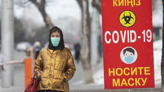 Девушка в куртке и маске идет по улице Девушка в куртке и маске идет по улице